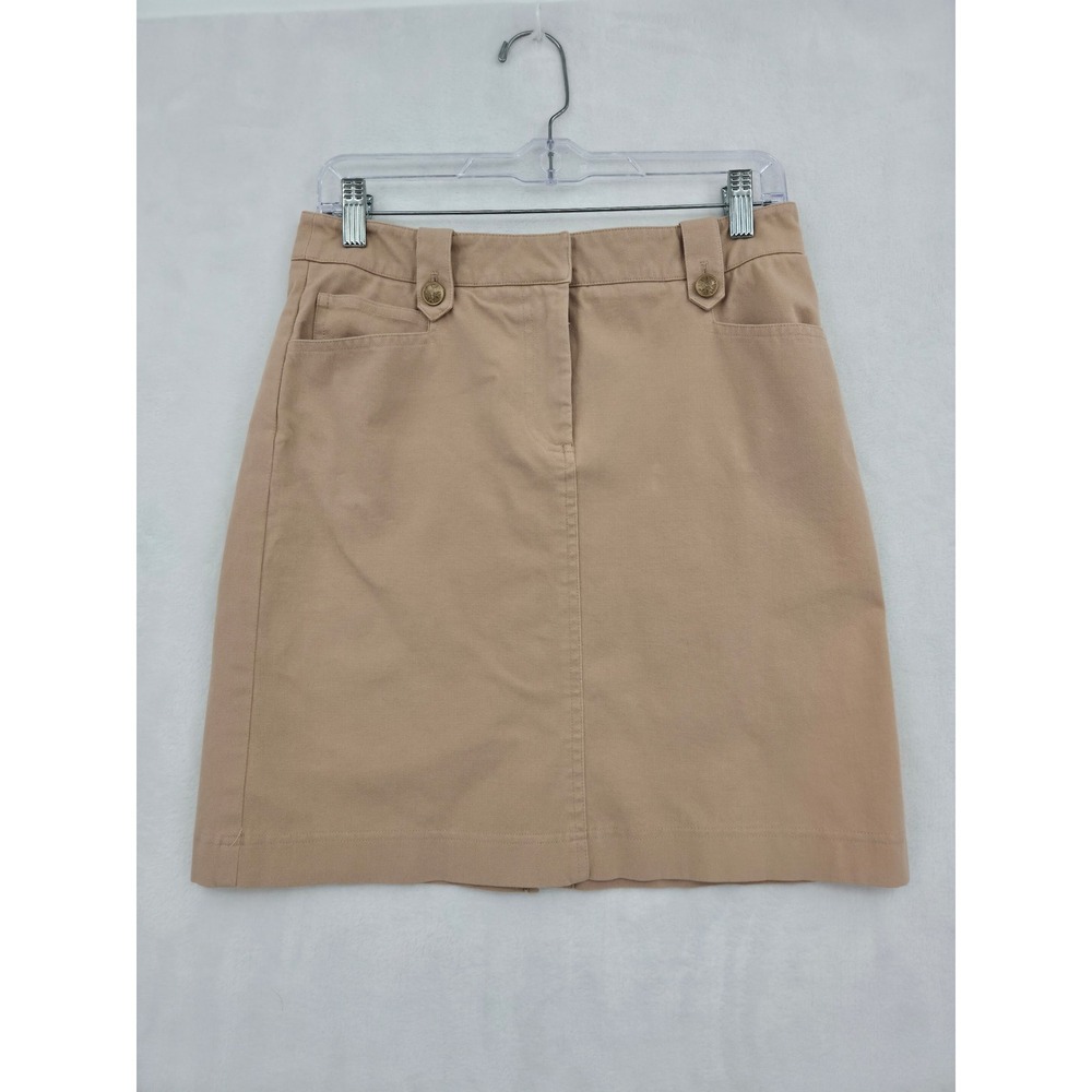 J.McLaughlin Women Khaki Tan Cotton Twill Pencil Skirt Compass Buttons Size 4